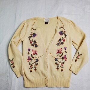 Susan Bristol Women's Cream Hand Embroidered Sweater Grandma 100% Wool Size M